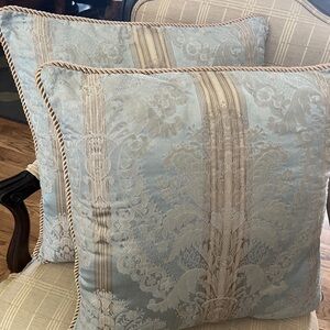 Elegant Light Blue Damask Decorative Pillow with Beige Trim (Pair) by CROSCILL
